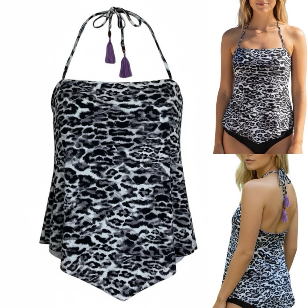 BECCA by Rebecca Virtue Bandeau Tankini Swim Top Size Small Halter Tie Leopard